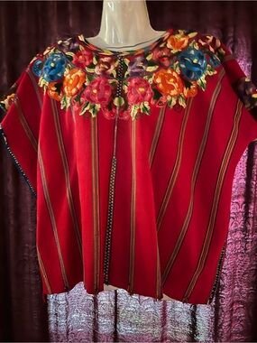 Hand-Embroidered Red Floral Yoke Tunic Top